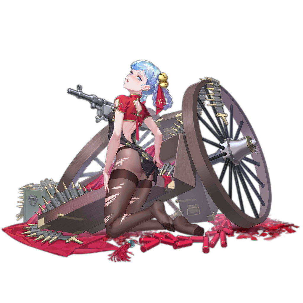 1girl, adjusting_dress, ammunition, ammunition_belt, ammunition_box, artillery, artillery_limber, artillery_wheel, ass, back_cutout, bell, black_dress, blue_eyes, blue_hair, braid, braided_hair_rings, breasts, broken, brown_pantyhose, bullet, china_dress, chinese_clothes, cleavage, clothing_cutout, cropped_jacket, dress, feet, firecrackers, floral_print, full_body, girls'_frontline, gun, hair_bell, hair_ornament, hair_rings, heavy_machine_gun, heterochromia, jacket, jingle_bell, jinyu_lao_honglingjin, kneeling, light_blue_hair, looking_at_viewer, looking_back, m1895_cb_(girls'_frontline), m1895_cb_(slipper_orchid)_(girls'_frontline), m1895_colt-browning, machine_gun, medium_breasts, no_shoes, official_alternate_costume, official_art, pantyhose, petals, purple_eyes, red_jacket, short_sleeves, simple_background, sitting, soles, solo, torn_clothes, torn_pantyhose, transparent_background, twin_braids, weapon, wheel