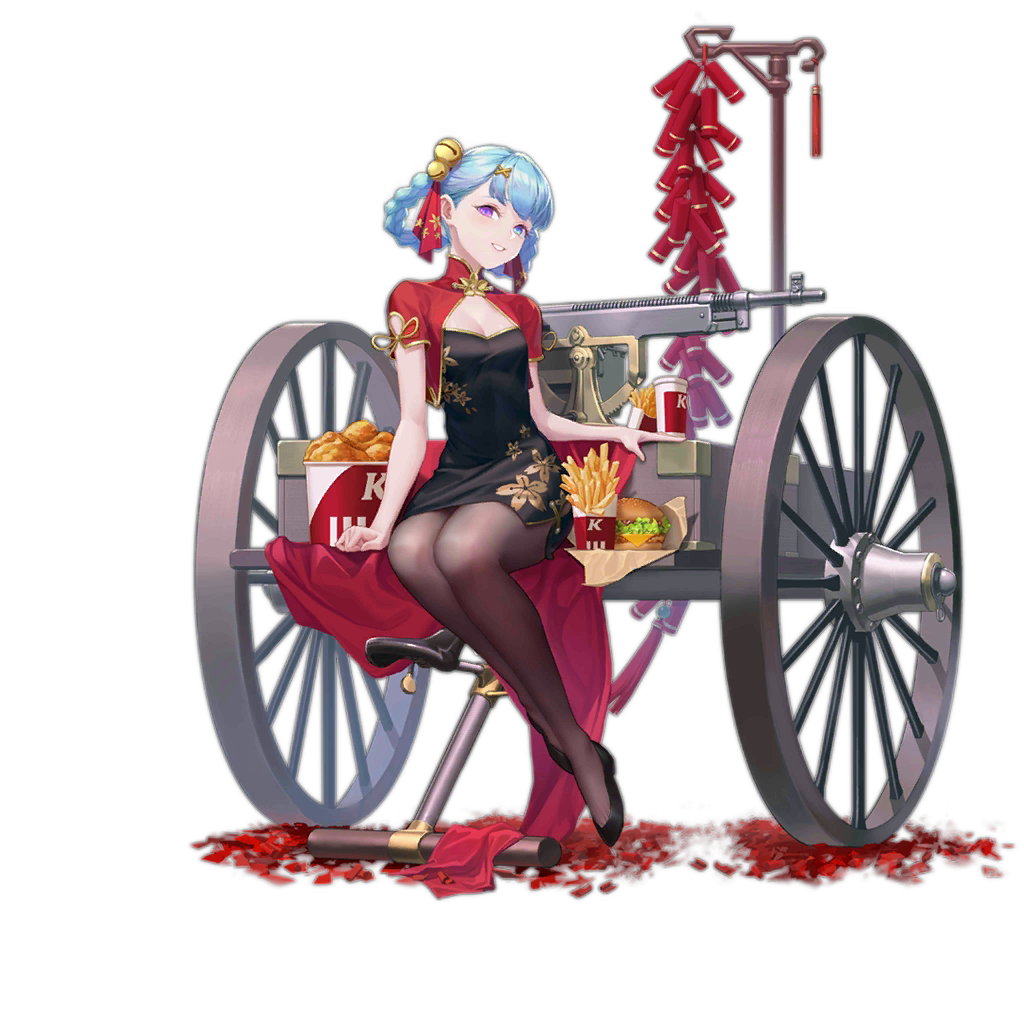 1girl, artillery, artillery_limber, artillery_wheel, bell, bicycle_seat, black_dress, black_shoes, blue_eyes, blue_hair, braid, braided_hair_rings, breasts, brown_pantyhose, bucket_of_chicken, burger, china_dress, chinese_clothes, cleavage, cropped_jacket, cup, disposable_cup, dress, firecrackers, floral_print, food, french_fries, full_body, girls'_frontline, gun, hair_bell, hair_ornament, hair_rings, heavy_machine_gun, heterochromia, high_heels, jacket, jingle_bell, jinyu_lao_honglingjin, kfc, light_blue_hair, looking_at_viewer, m1895_cb_(girls'_frontline), m1895_cb_(slipper_orchid)_(girls'_frontline), m1895_colt-browning, machine_gun, medium_breasts, official_alternate_costume, official_art, pantyhose, petals, purple_eyes, red_jacket, shoes, short_sleeves, simple_background, sitting, solo, toe_cleavage, transparent_background, twin_braids, weapon, wheel