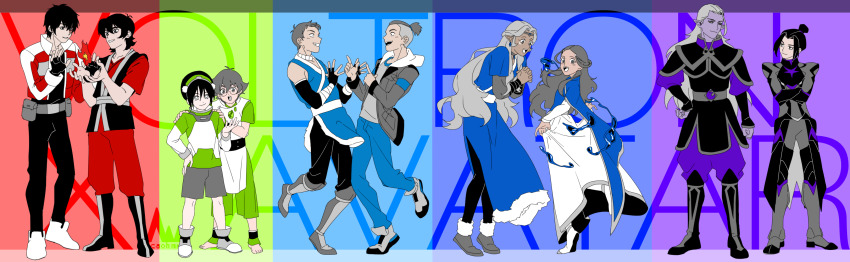 5boys, 5girls, absurdres, alien, avatar:_the_last_airbender, avatar_legends, azula, azula_(cosplay), barefoot, colored_skin, cosplay, costume_switch, creator_connection, crossover, dancing, dark-skinned_female, dark-skinned_male, dark_skin, dress, fire, hair_bun, hair_intakes, hair_strand, highres, hydrokinesis, jacket, katara, katara_(cosplay), keith_(voltron), keith_(voltron)_(cosplay), lance_(voltron), lance_(voltron)_(cosplay), look-alike, lotor_(voltron), lotor_(voltron)_(cosplay), morikiri, multiple_boys, multiple_girls, multiple_monochrome, pidge_gunderson, pidge_gunderson_(cosplay), pointy_ears, princess_allura, princess_allura_(cosplay), purple_skin, pyrokinesis, rainbow_order, red_jacket, single_hair_bun, sokka, sokka_(cosplay), toph_beifong, toph_beifong_(cosplay), trait_connection, undercut, voltron:_legendary_defender, voltron_(series), water, zuko, zuko_(cosplay)