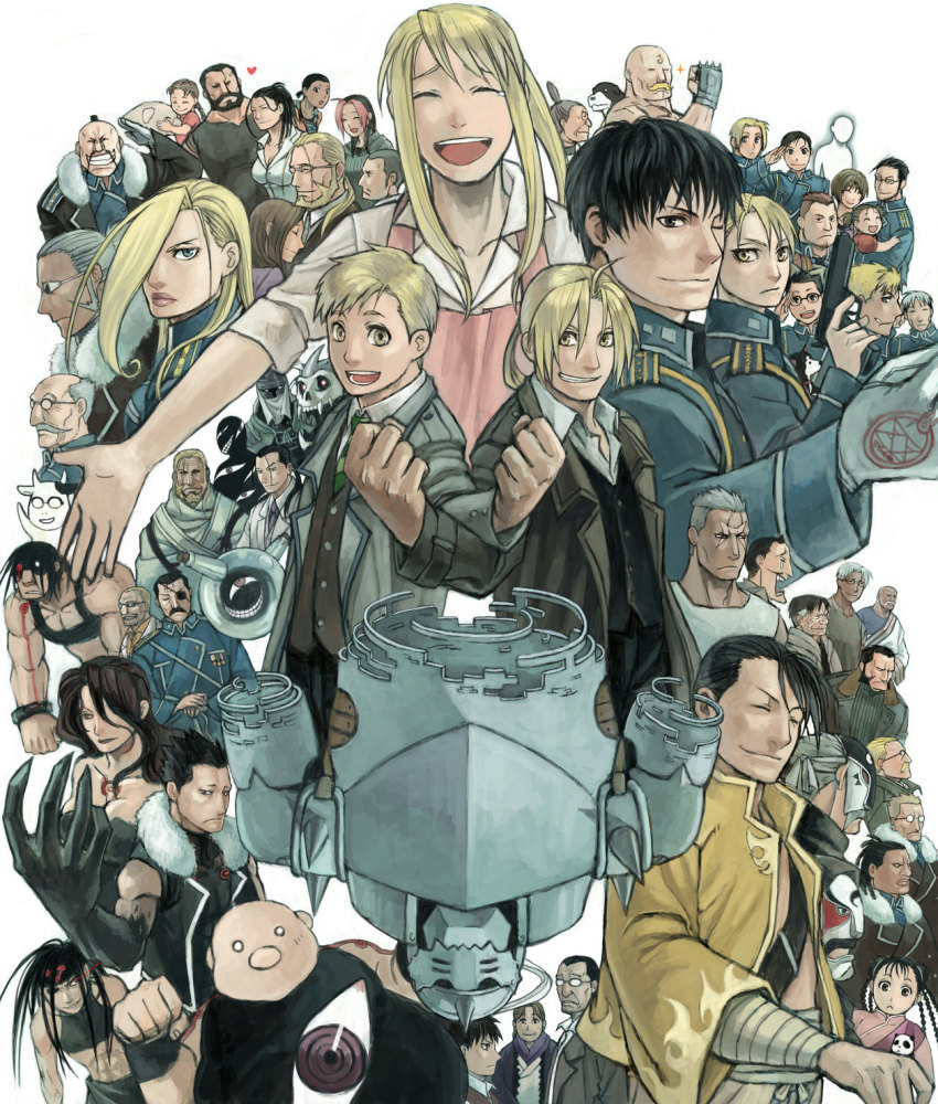 00s, 6+boys, 6+girls, aged_up, alex_louis_armstrong, alexander_(fma), alphonse_elric, arakawa_hiromu_(cow), armor, bandages, barry_the_chopper, beard, black_hayate, blonde_hair, blue_eyes, bottle, braid, brown_hair, buccaneer_(fma), character_request, closed_eyes, coat, darius_(fma), dark_skin, den_(fma), denny_broshe, dog, dr._knox, edward_elric, elicia_hughes, envy_(fma), everyone, facial_hair, father_(fma), flask, fu_(fma), fullmetal_alchemist, glasses, gloves, glowing, glowing_eyes, gluttony_(fma), gracia_hughes, greed_(fma), happy, heart, heinkel, heinkel_(fma), heymans_breda, highres, horns, ishval_elder, izumi_curtis, jean_havoc, jerso_(fma), kain_fuery, king_bradley, lan_fan, lieutenant_yoki, ling_yao, lips, long_hair, looking_at_viewer, lust_(fma), maes_hughes, maria_ross, mask, may_chang, miles, military, military_uniform, mrs._bradley, mrs_bradley, mukuo, multicolored_hair, multiple_boys, multiple_girls, multiple_persona, mustache, nina_tucker, no_mouth, olivier_mira_armstrong, one_eye_closed, open_mouth, panda, paninya_(fma), pinako, pinako_rockbell, pink_hair, pride_(fma), red_eyes, riza_hawkeye, rose_thomas, rose_tomas, round-bottom_flask, roy_mustang, scar, scar's_brother, scar_(fma), scarf, selim_bradley, short_hair, sig_curtis, sloth_(fma), smile, solf_j._kimblee, spoilers, tears, tim_marcoh, trisha_elric, truth_(fma), van_hohenheim, vato_falman, weapon, white_hair, wink, winry_rockbell, wrath_(fma), xiao-mei, yellow_eyes, zampano_(fma)