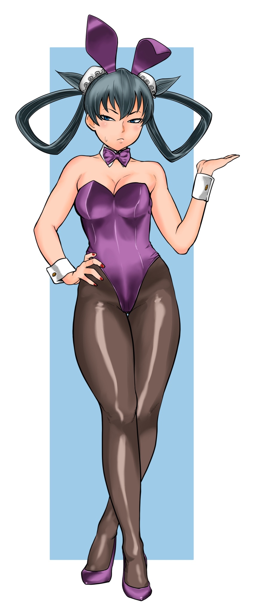 1girl, absurdres, animal_ears, bare_shoulders, black_hair, blue_eyes, breasts, bun_cover