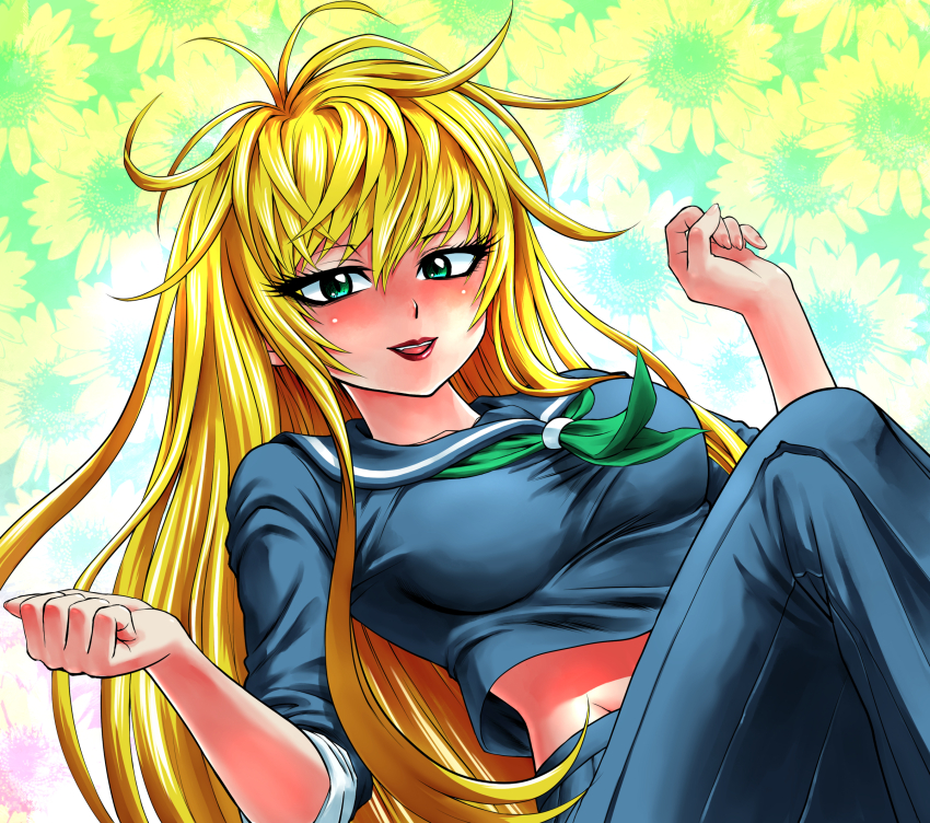 1girl, blonde_hair, blue_serafuku, blue_shirt, breasts, clenched_hand, delinquent, floral_background