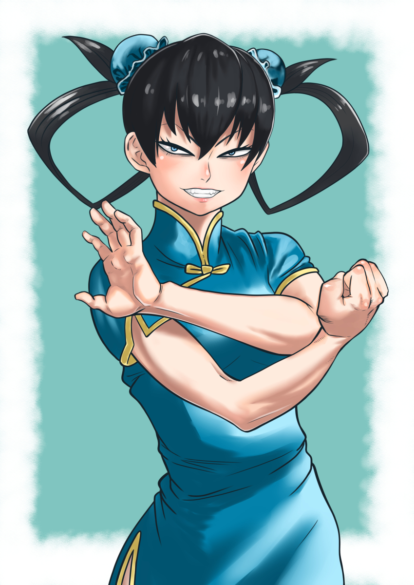 1girl, absurdres, black_hair, bun_cover, china_dress, chinese_clothes, clenched_hand, double_bun