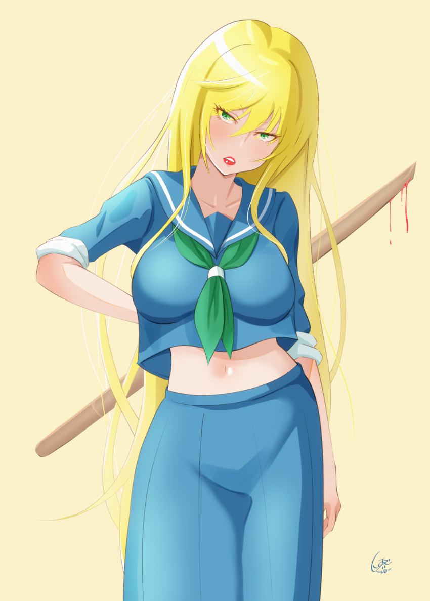 1girl, arm_at_side, blonde_hair, blue_serafuku, blue_skirt, breasts, delinquent, green_eyes