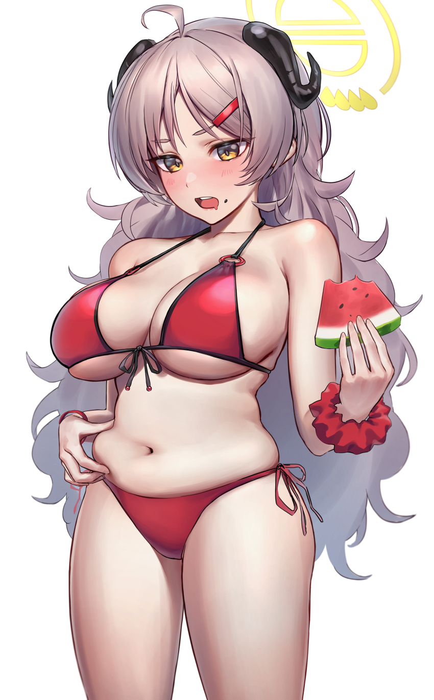 1girl, absurdres, ahoge, bare_arms, bikini, black_horns, blue_archive, blush, breasts, cleavage, cowboy_shot, curled_horns, drooling, food, front-tie_bikini_top, front-tie_top, fruit, hair_ornament, hairclip, halo, highres, horns, izumi_(blue_archive), izumi_(swimsuit)_(blue_archive), large_breasts, light_brown_hair, long_hair, monegi, navel, official_alternate_costume, open_mouth, pinching, pinching_own_belly, plump, red_bikini, scrunchie, short_eyebrows, side-tie_bikini_bottom, sideboob, simple_background, solo, standing, swimsuit, teeth, thick_eyebrows, thighs, underboob, upper_teeth_only, very_long_hair, watermelon, watermelon_seeds, watermelon_slice, wavy_hair, weight_conscious, white_background, wrist_scrunchie, wristband, yellow_eyes