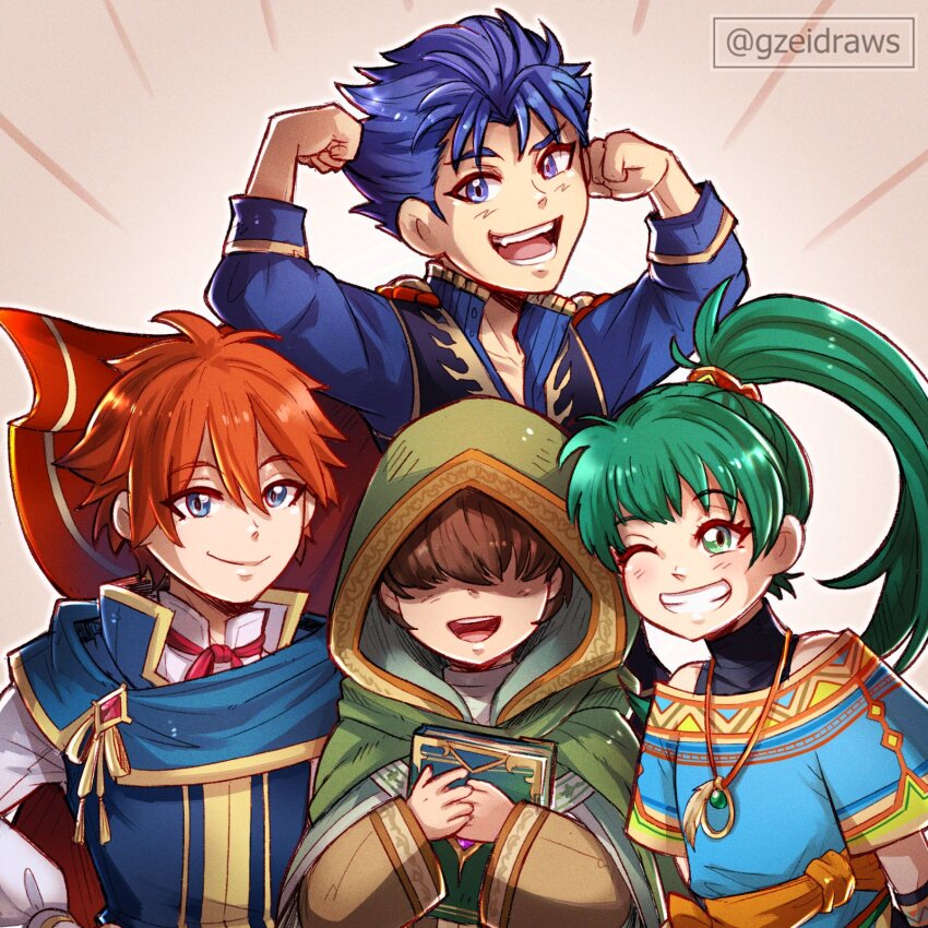 1girl, 1other, 2boys, aged_down, arms_up, blue_cape, blue_eyes, blue_hair, book, cape, cloak, eliwood_(fire_emblem), eliwood_(pledged_friend)_(fire_emblem), fire_emblem, fire_emblem:_the_blazing_blade, fire_emblem_heroes, flexing, green_eyes, green_hair, green_hood, grin, gzei, hair_over_eyes, hand_on_own_hip, hector_(fire_emblem), hector_(sworn_friend)_(fire_emblem), highres, holding, holding_book, hood, hooded_cloak, jewelry, lyn_(fire_emblem), lyn_(winds_of_hope)_(fire_emblem), mark_(fire_emblem:_the_blazing_blade), mark_(winds_of_hope)_(fire_emblem:_the_blazing_blade), multiple_boys, necklace, necktie, nintendo, no_eyes, official_alternate_costume, one_eye_closed, open_mouth, pout, red_cape, red_necktie, smile, teeth, undershirt, upper_teeth_only, watermark