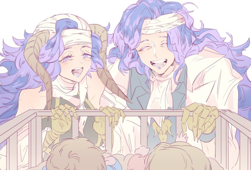 2boys, 2girls, :d, ^_^, aged_down, ascot, baby, bandaged_head