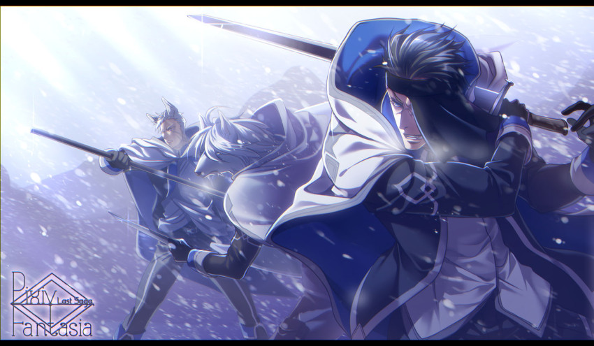3boys, animal_ears, black_gloves, black_hair, cape, copyright_name, day, furry, gloves, holding, holding_sword, holding_weapon, killingrock, long_sleeves, male_focus, multiple_boys, outdoors, pixiv_fantasia, pixiv_fantasia_last_saga, scar, scar_on_face, snow, standing, sword, weapon, white_hair, zakhar_(pixiv_fantasia_last_saga)
