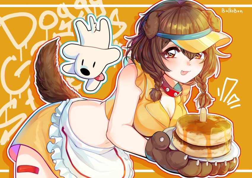 1girl, :p, animal_collar, animal_ears, animal_hands, apron, bandaid_on_thigh, bent_over