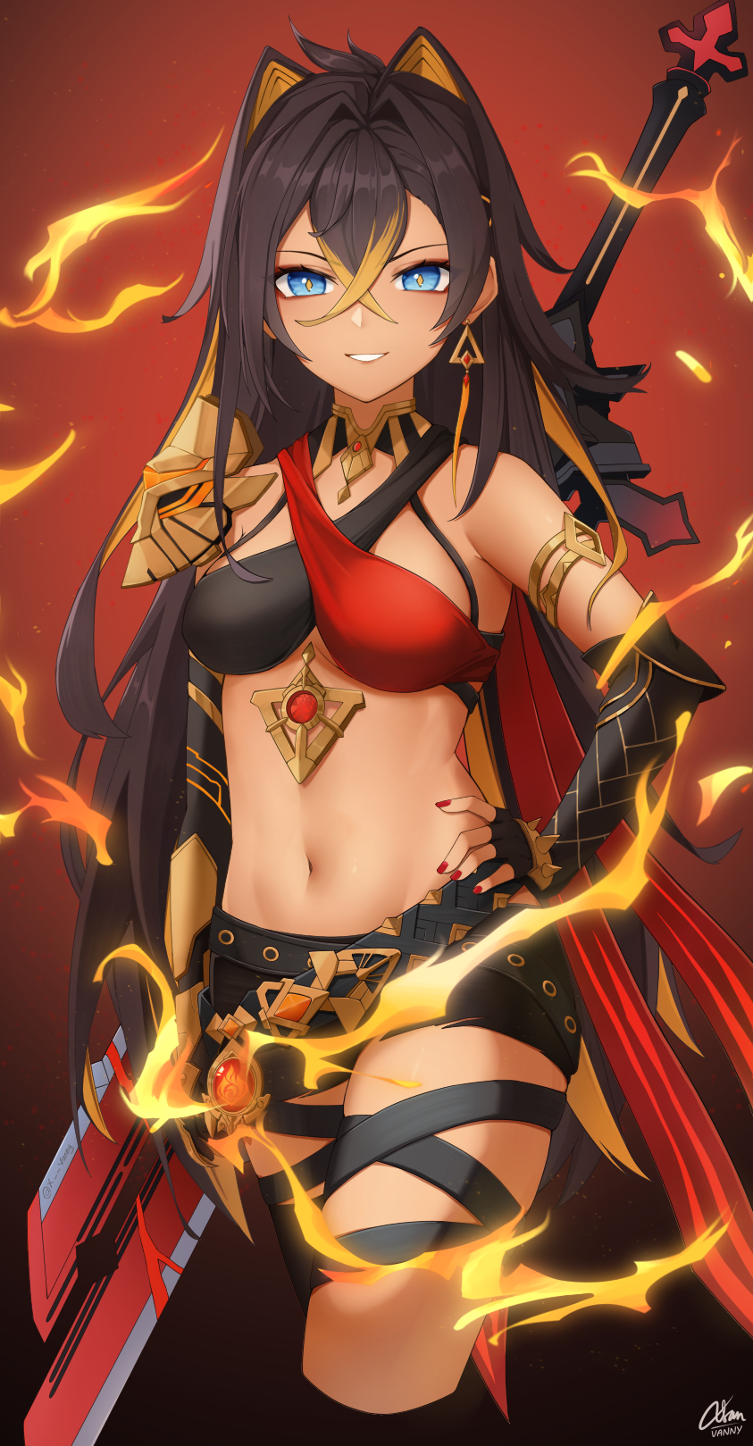1girl, :d, armlet, armor, belt, black_gloves, black_hair, black_shorts