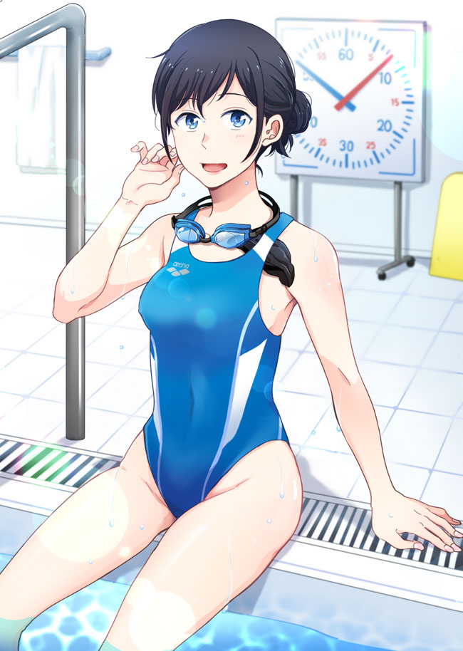 1girl, :d, alternate_costume, amano_hina_(tenki_no_ko), bare_arms, black_hair, blue_eyes, breasts, commentary_request, competition_swimsuit, covered_navel, goggles, goggles_around_neck, higashi_ringo, medium_breasts, one-piece_swimsuit, open_mouth, pool, sitting, smile, solo, swept_bangs, unworn_swim_cap, swimsuit, tenki_no_ko