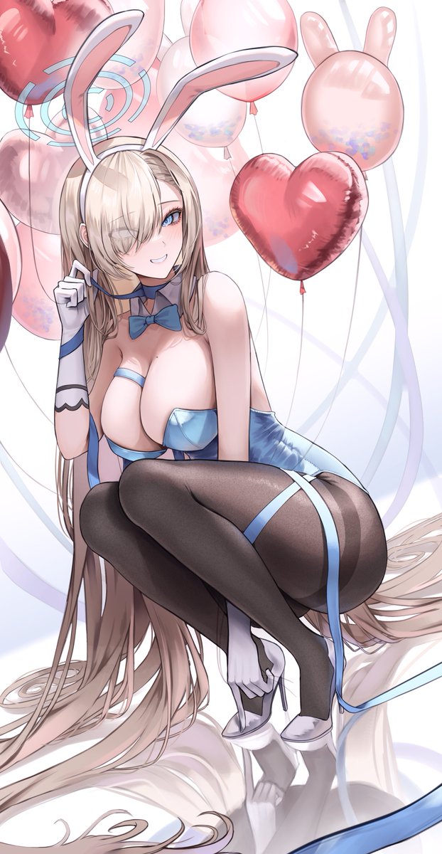 1girl, absurdly_long_hair, animal_ears, asuna_(blue_archive), asuna_(bunny)_(blue_archive), balloon, bare_arms, bare_shoulders