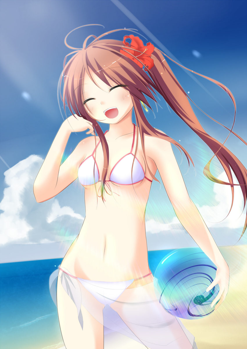 1girl, absurdres, bad_id, bad_pixiv_id, ball, bare_arms, bare_shoulders, beach
