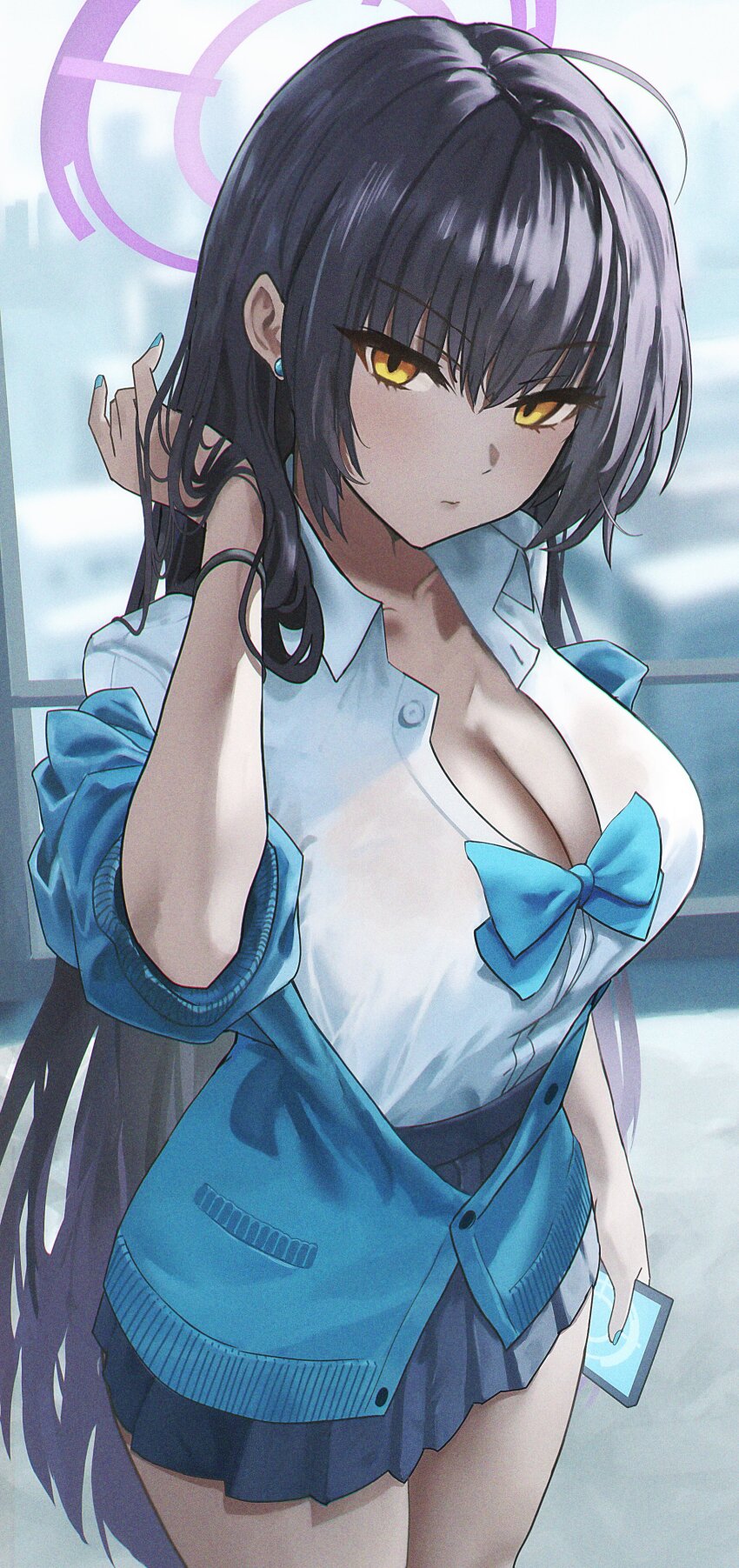 1girl, absurdres, adjusting_hair, black_hair, blue_archive, blue_bow, blue_bowtie, blue_nails