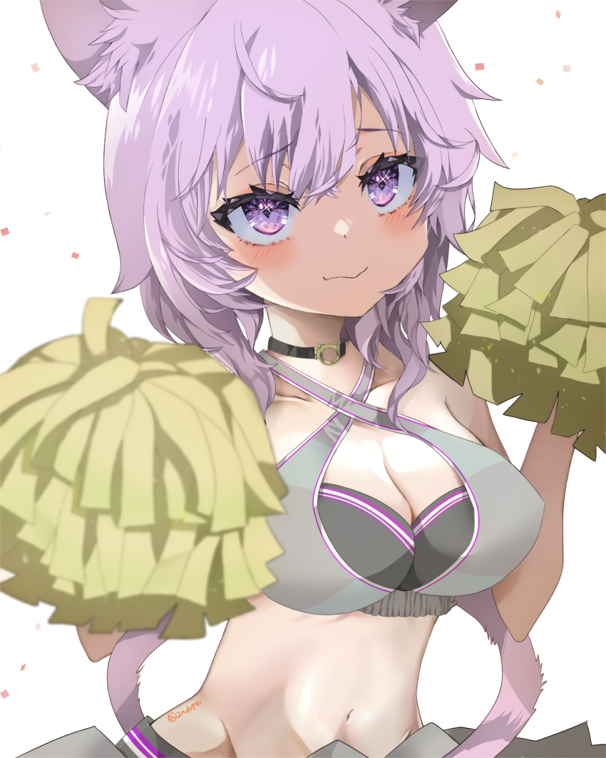 1girl, 2ndope, absurdres, animal_ear_fluff, animal_ears, blush, breasts, cat_ears, cat_girl, cat_tail, cheerleader, choker, cleavage, grey_shirt, halterneck, highres, hololive, large_breasts, looking_at_viewer, medium_hair, navel, nekomata_okayu, pom_pom_(cheerleading), purple_eyes, purple_hair, shirt, skirt, smile, solo, tail, virtual_youtuber