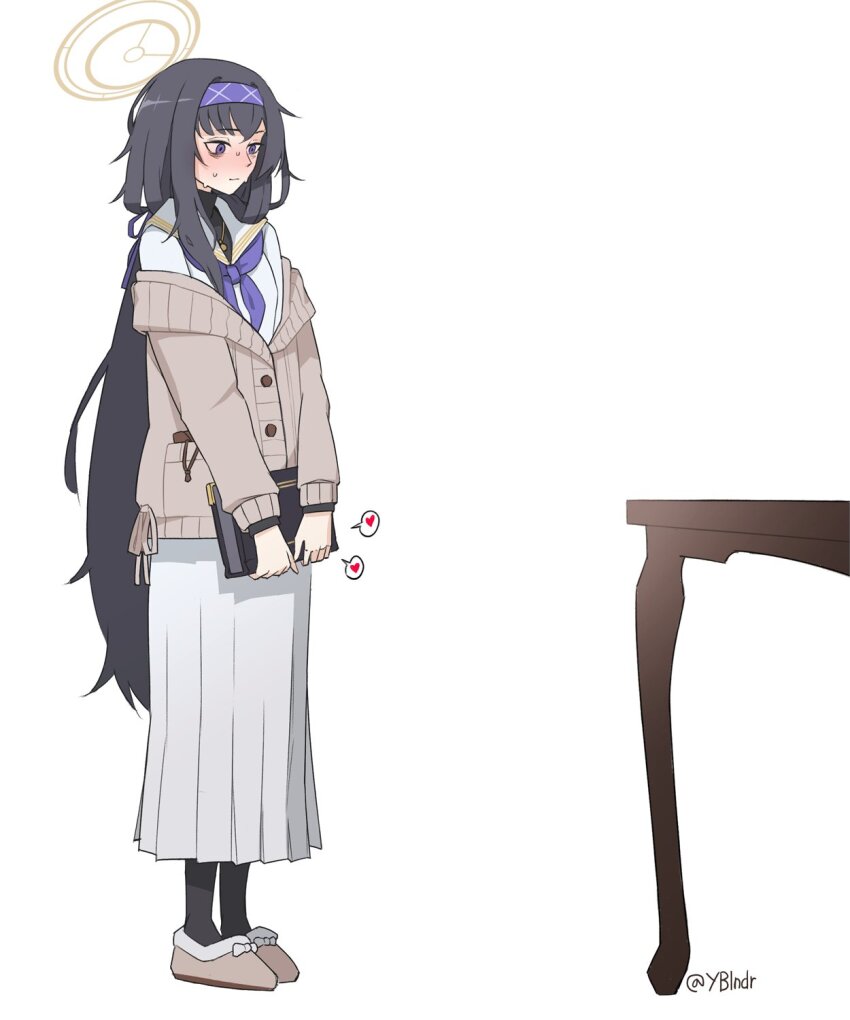 1girl, bags_under_eyes, black_hair, blue_archive, blush, book, brown_sweater, closed_mouth