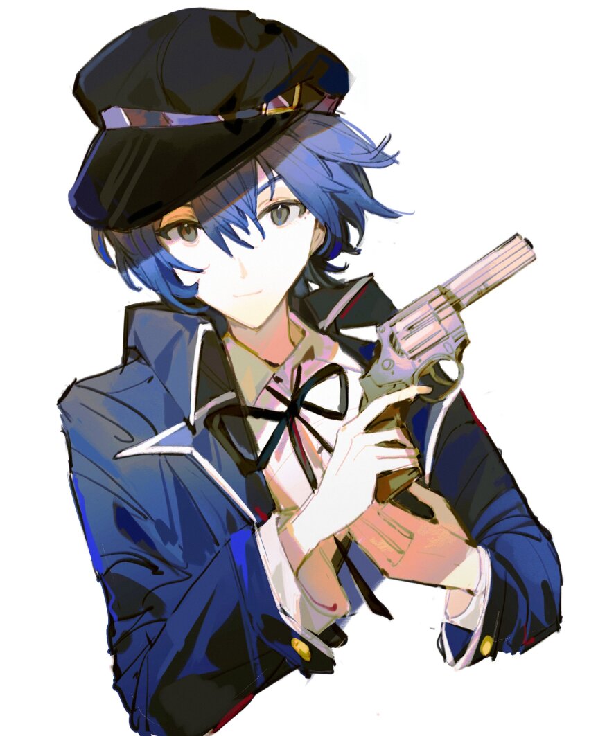 1girl, absurdres, black_eyes, black_hat, blue_hair, blue_jacket, closed_mouth, collared_shirt
