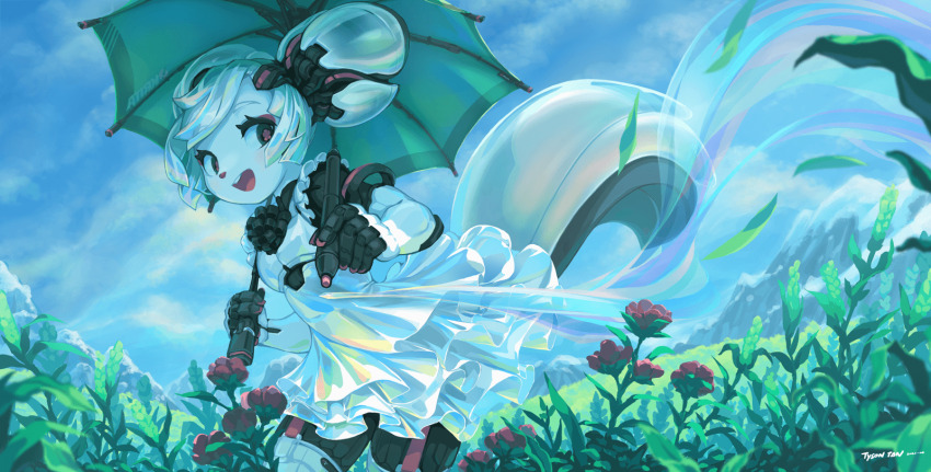 1girl, android, artist_name, blue_sky, cloud, cloudy_sky, drawing, dress