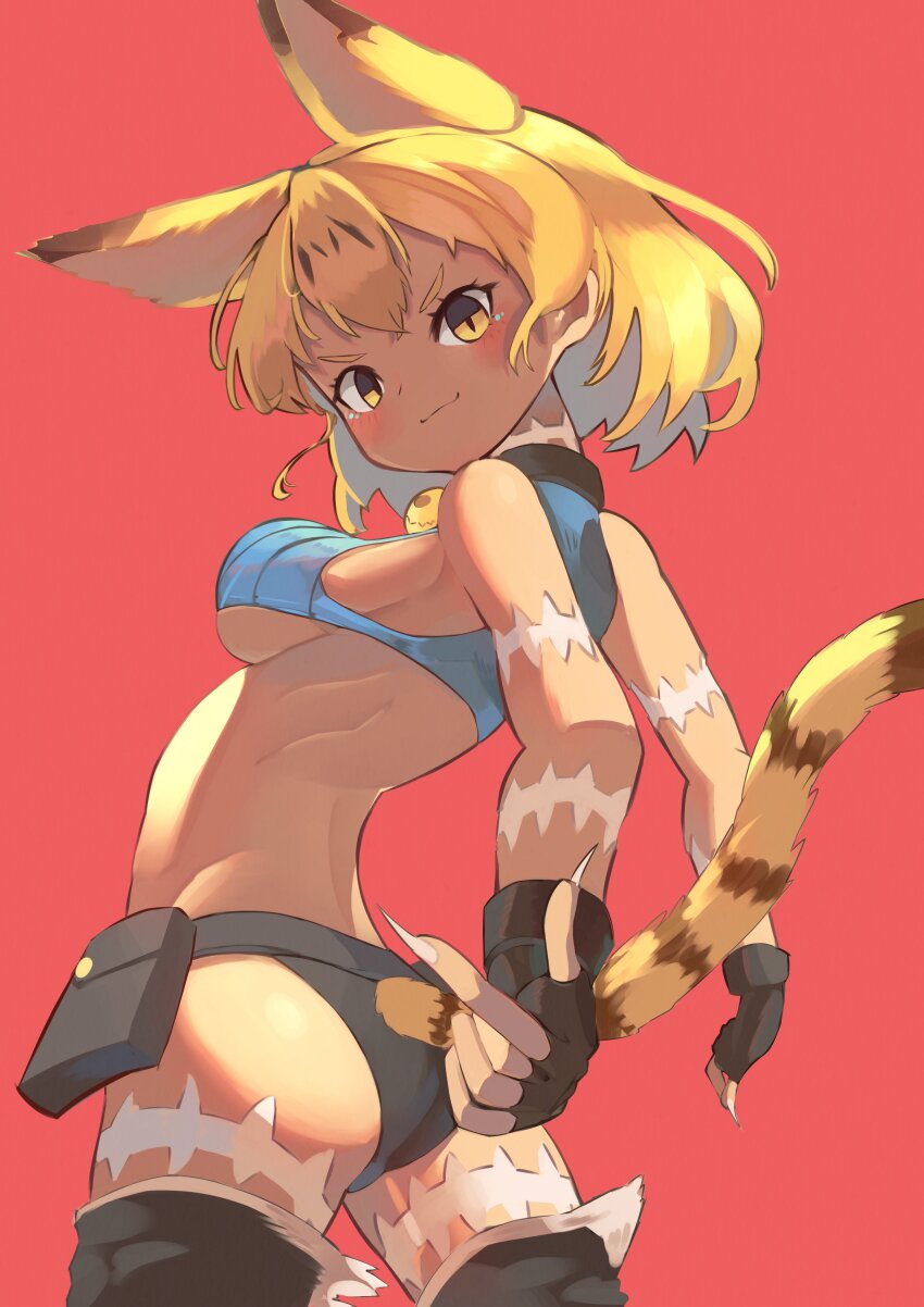 1girl, absurdres, animal_ears, ass, belt, belt_pouch, blonde_hair, blush, breasts, cat_ears, cat_tail, crop_top, extra_ears, fingerless_gloves, gloves, highres, kemono_friends, looking_at_viewer, medium_breasts, midriff, ms._fortune_(skullgirls), osnmykk, pouch, scar, serval_(kemono_friends), short_hair, skullgirls, smile, solo, tail, underboob