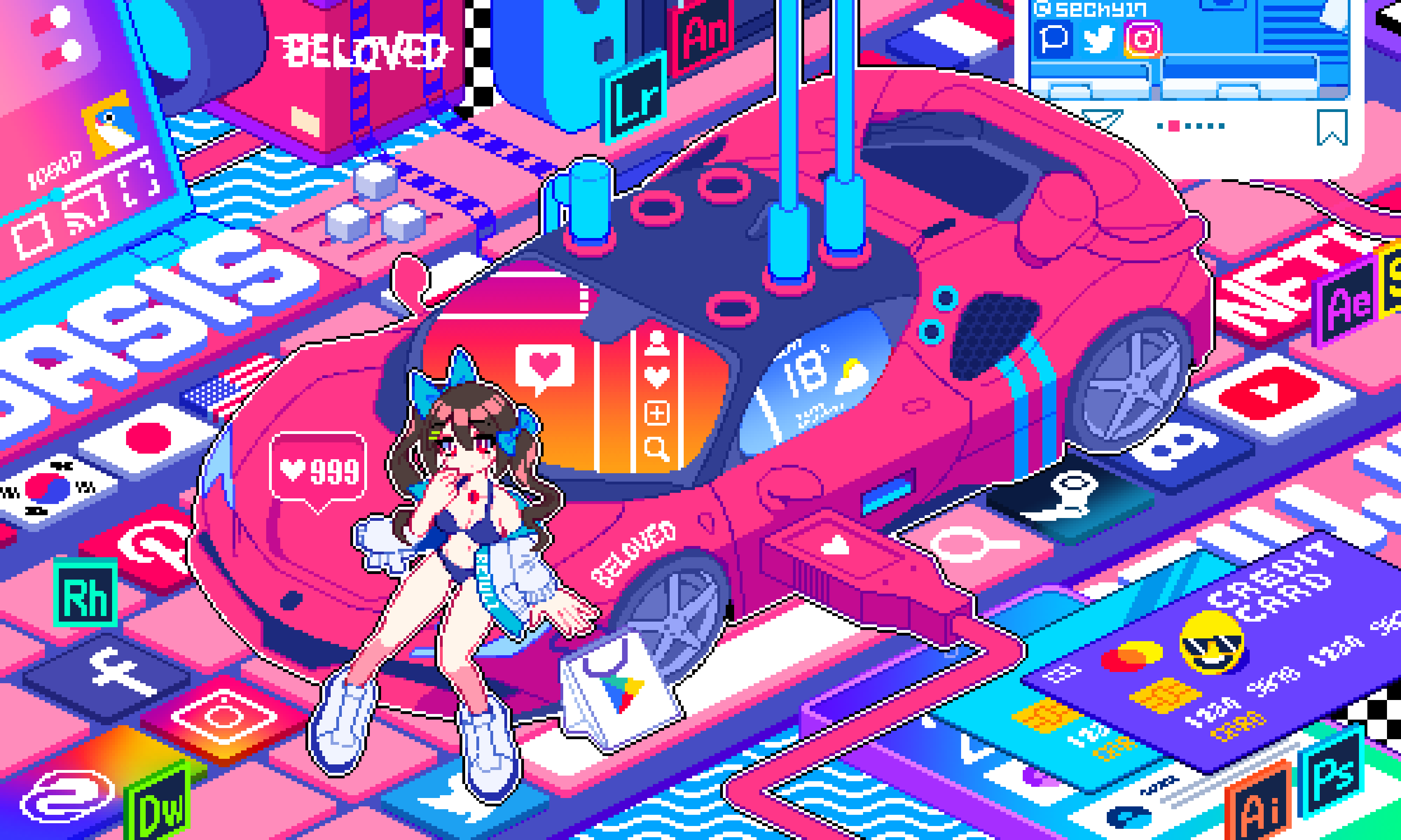 1girl, adobe, adobe_after_effects, adobe_animate, adobe_dreamweaver, adobe_illustrator, adobe_lightroom, adobe_photoshop, adobe_robohelp, adobe_spark, alternate_costume, american_flag, bikini, blue_bikini, blue_bow, blush, bow, breasts, bright_pupils, brown_hair, car, cellphone, cleavage, closed_mouth, commentary, credit_card, discord, discord_logo, expressionless, facebook, facebook_logo, french_flag, full_body, google, google_play, hair_between_eyes, hair_bow, highres, instagram, japanese_flag, large_breasts, long_bangs, long_hair, looking_at_viewer, motor_vehicle, navel, nintendo_switch, missing_wings, on_car, phone, pinterest, pinterest_logo, pixel_art, pixiv, polish_flag, red_eyes, reiuji_utsuho, sechy, shoes, smartphone, sneakers, solo, south_korean_flag, sports_car, steam_(platform), swimsuit, touhou, twitter, twitter_username, usb, white_pupils, white_shoes, wide_shot, wire, youtube, youtube_logo