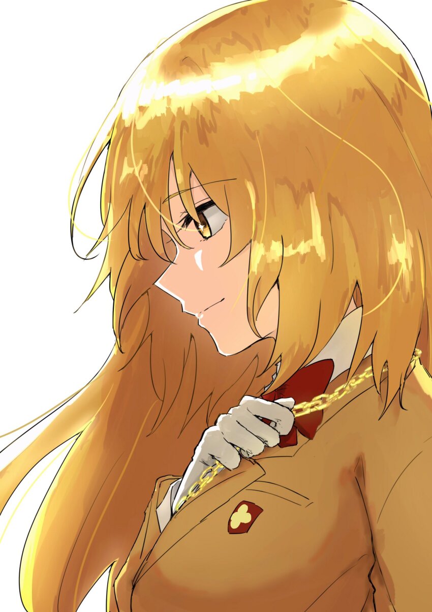 1girl, aic_oekaki, blazer, blonde_hair, bow, bowtie, breasts, brown_jacket