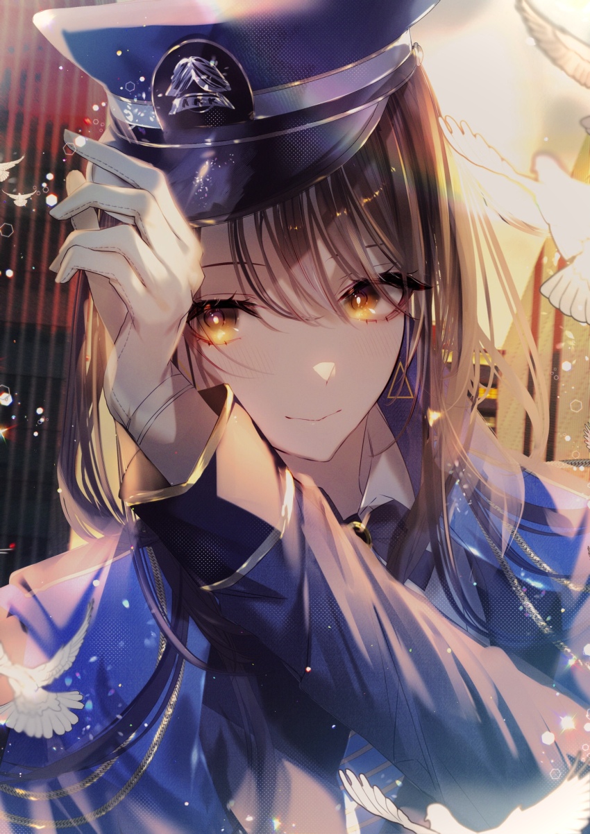 1girl, black_hair, blue_hat, blue_jacket, blue_necktie, boots, breasts, brown_eyes