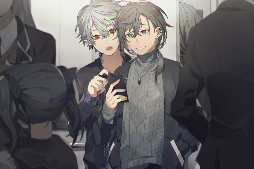 2boys, 2girls, ahoge, black_jacket, black_nails, black_necktie, black_ribbon, blazer