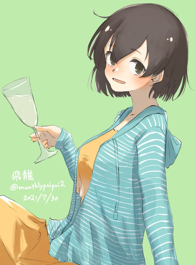 1girl, :d, alternate_costume, bikini, blue_sweater, blush, brown_eyes, brown_hair