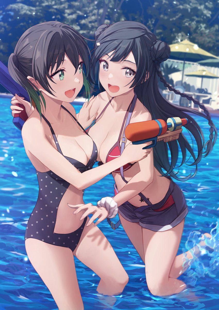 2girls, :d, beach_umbrella, bikini, bikini_shorts, black_hair, breasts, cleavage