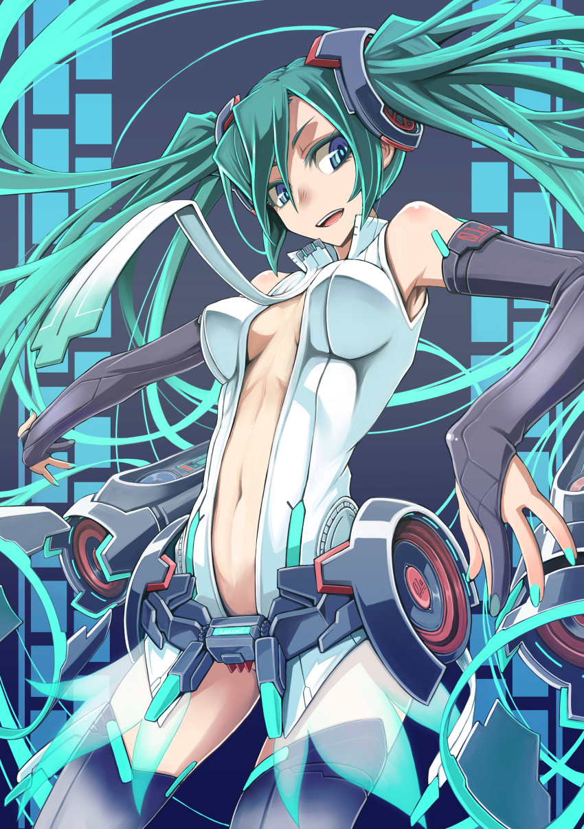 1girl, absurdres, aqua_eyes, aqua_hair, belt, bridal_gauntlets, detached_sleeves, female_focus