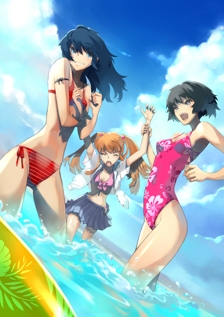 3girls, absurdres, ai[sora], bad_id, bad_pixiv_id, bikini, bikini_under_clothes, black_eyes