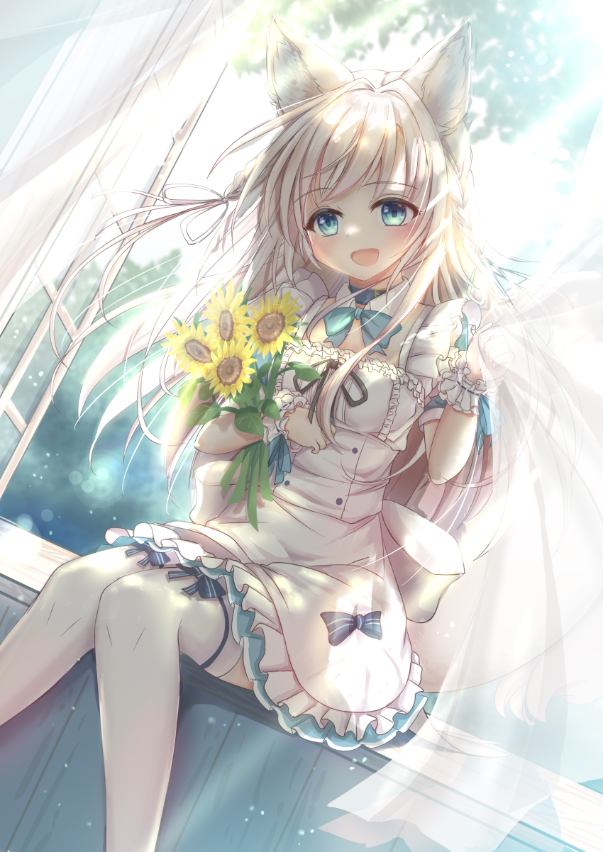 1girl, :d, absurdres, animal_ears, blue_eyes, collar, curtains, detached_collar