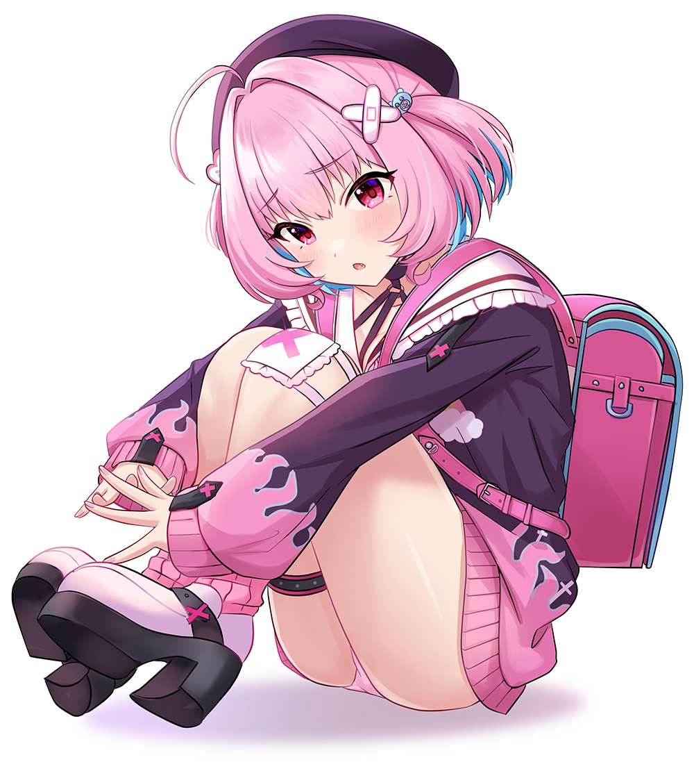 1girl, :o, ahoge, backpack, bag, bandaid, bandaid_hair_ornament, bandaid_on_knee