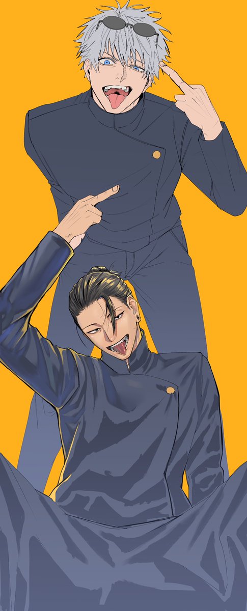 2boys, arm_up, black_eyes, black_hair, black_jacket, black_pants, blue_eyes, ear_piercing