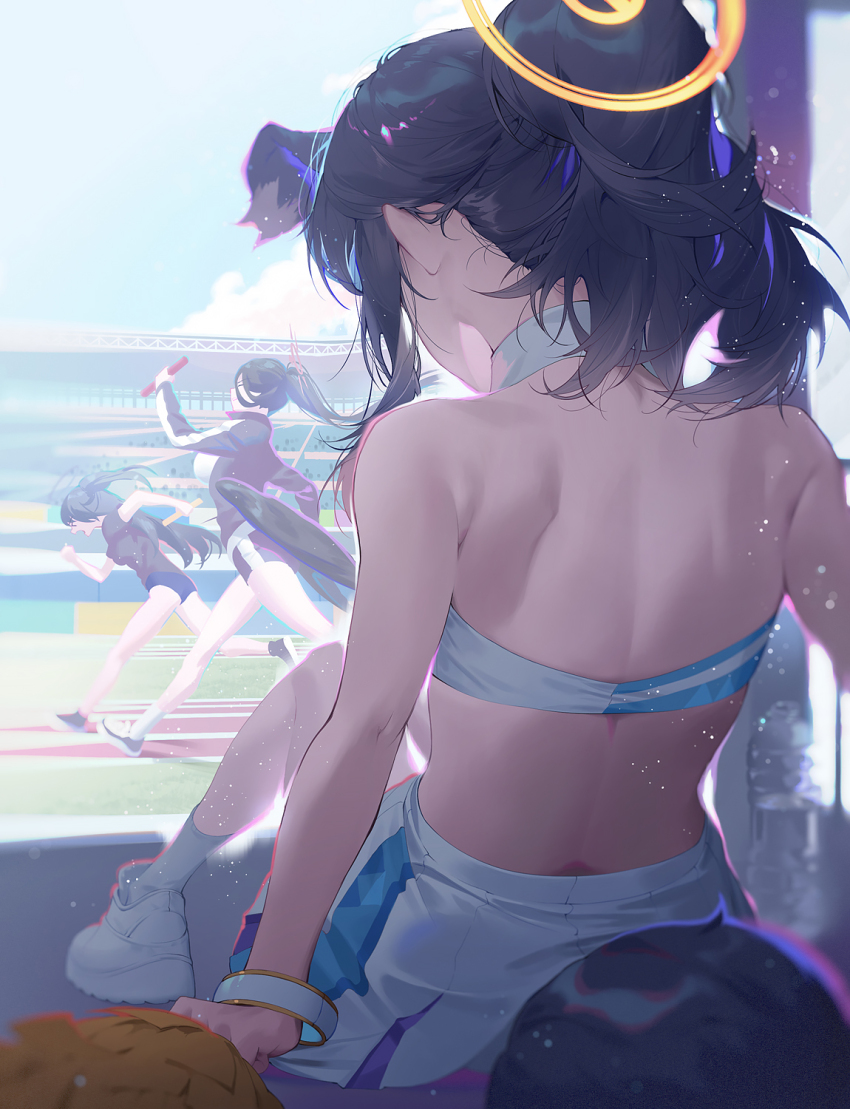 3girls, animal_ears, back, bare_shoulders, black_hair, black_shirt, black_wings, blue_archive, blue_buruma, blue_sky, bracelet, breasts, buruma, cheerleader, cloud, crop_top, dog_ears, dog_girl, dog_tail, fajyobore, from_behind, gym_uniform, hair_between_eyes, halo, hasumi_(blue_archive), hasumi_(track)_(blue_archive), hibiki_(blue_archive), hibiki_(cheer_squad)_(blue_archive), highres, holding, jacket, jewelry, large_breasts, long_hair, millennium_cheerleader_outfit_(blue_archive), multiple_girls, official_alternate_costume, outdoors, pom_pom_(cheerleading), ponytail, relay_baton, relay_race, running, running_track, shirt, shoes, short_sleeves, shorts, shoulder_blades, skirt, sky, solo, tail, track_jacket, wings, yuuka_(blue_archive), yuuka_(track)_(blue_archive)