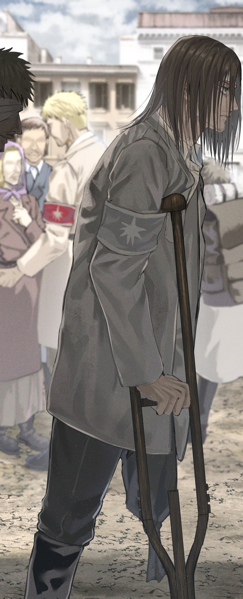 1girl, 4boys, armband, bandages, black_footwear, blonde_hair, boots, brown_hair, brown_jacket, closed_mouth, coat, crutch, day, eren_yeager, feet_out_of_frame, green_eyes, grey_jacket, grey_pants, highres, holding_crutch, jacket, long_hair, long_sleeves, looking_away, multiple_boys, outdoors, pants, portrait, profile, red_armband, reiner_braun, shingeki_no_kyojin, short_hair, white_coat, yofu_(0042_2400)