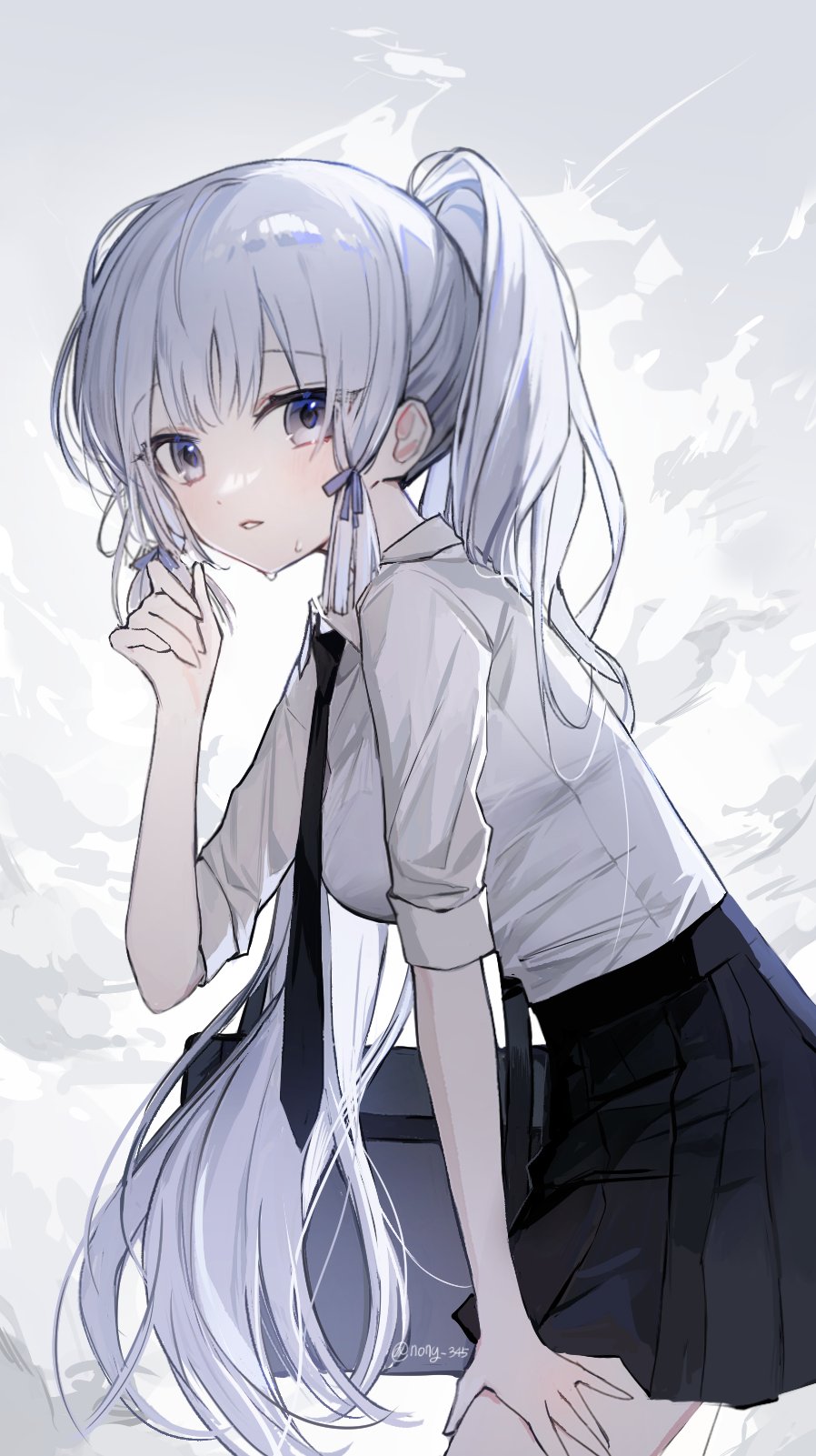 1girl, ayaka_(genshin_impact), bag, black_necktie, black_skirt, blue_eyes, blue_ribbon, collared_shirt