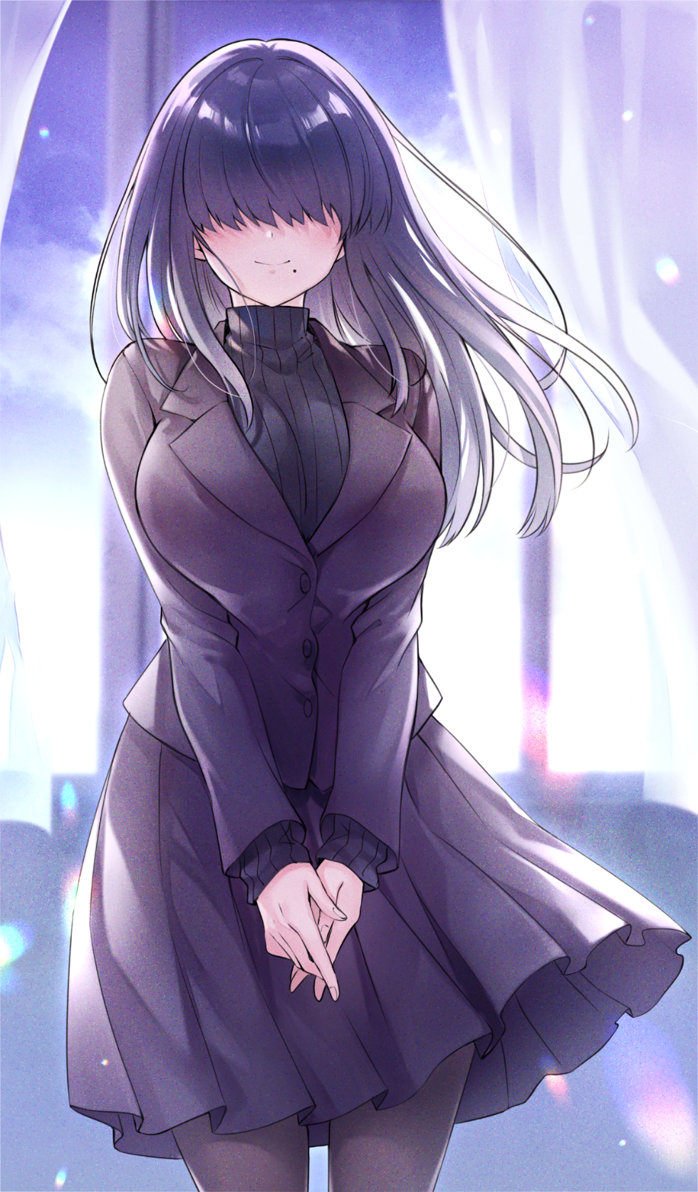 1girl, backlighting, breasts, curtains, e_(ejkfogksiu_sjsial), female_focus, floating_curtains, formal_clothes