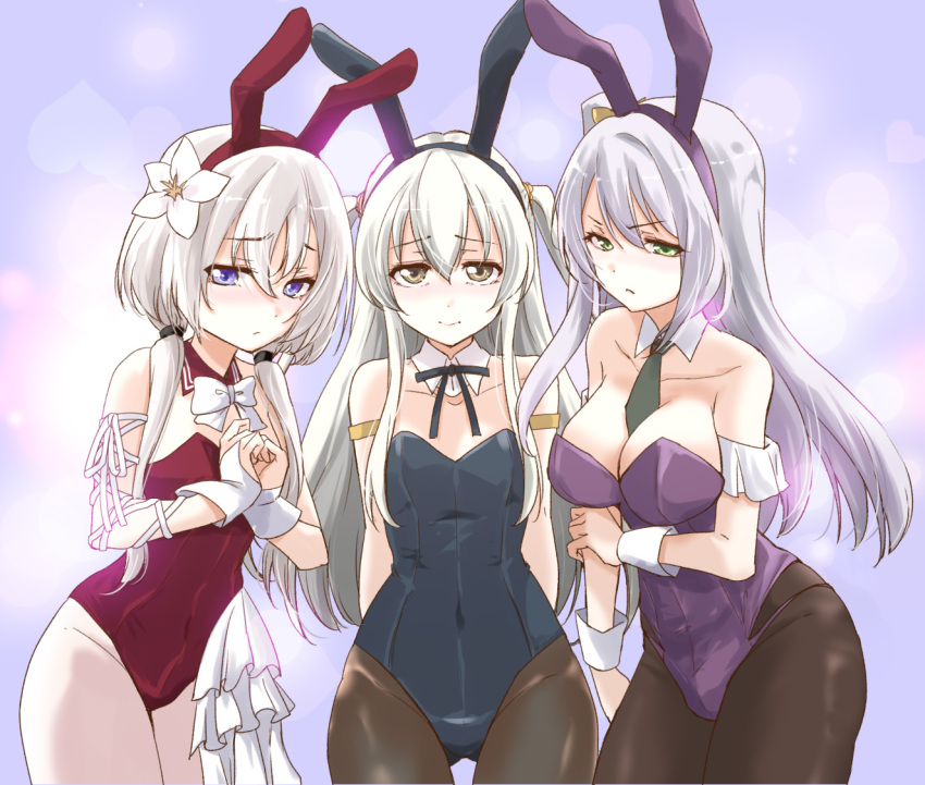 3girls, adapted_costume, animal_ears, arm_at_side, arm_ribbon, armlet, arms_behind_back, assault_lily, bare_arms, bare_shoulders, between_breasts, black_hairband, black_leotard, black_ribbon, blush, bow, bowtie, breasts, bridal_gauntlets, brown_pantyhose, closed_mouth, collarbone, commentary_request, covered_navel, cowboy_shot, detached_collar, egawa_kusumi, fake_animal_ears, frilled_leotard, frills, gloves, gradient_background, green_eyes, green_necktie, grey_hair, groin, hair_between_eyes, hair_bow, hair_over_shoulder, hairband, hand_on_own_arm, hand_up, hands_up, heart, hidai_miyazu, jewelry, kanba_girls_high_school_uniform, large_breasts, leotard, long_hair, looking_at_viewer, low_twintails, multiple_girls, neck_ribbon, necktie, necktie_between_breasts, nose_blush, one_side_up, own_hands_together, pantyhose, playboy_bunny, purple_background, purple_eyes, purple_hairband, purple_leotard, rabbit_ears, raised_eyebrows, red_hairband, red_leotard, ribbon, school_uniform, shiozaki_suzume, side-by-side, sidelocks, small_breasts, standing, strapless, strapless_leotard, twintails, two_side_up, urutsu_sahari, v-shaped_eyebrows, very_long_hair, white_bow, white_bowtie, white_gloves, white_hair, white_ribbon, wrist_cuffs, yellow_bow, yellow_eyes