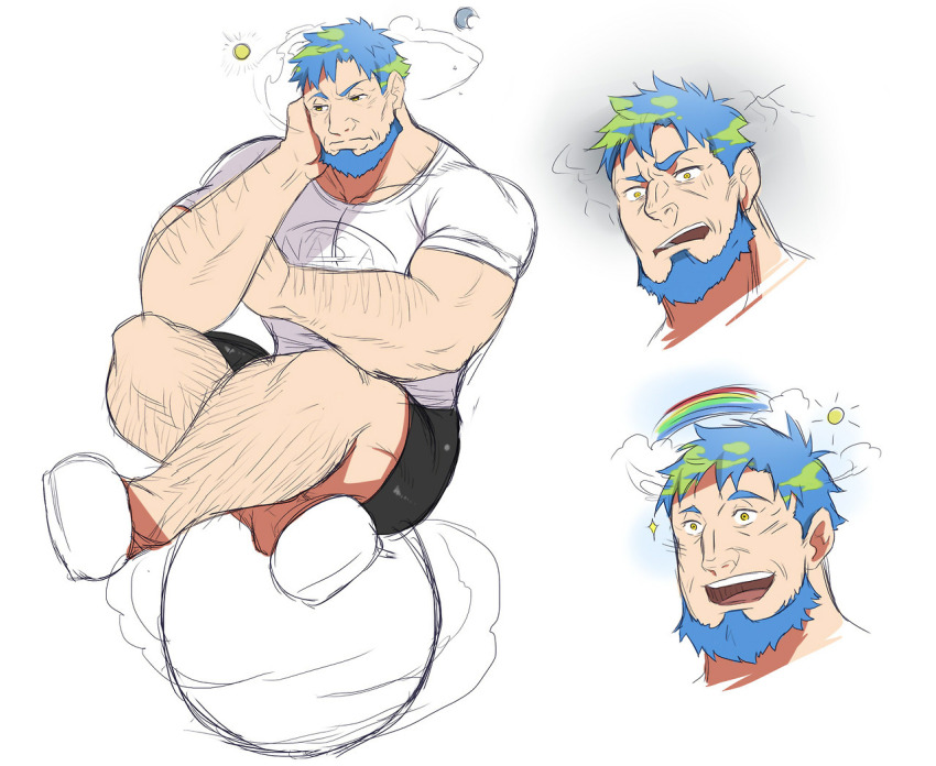 1boy, :d, annoyed, aqua_hair, arm_hair, bara, black_shorts, collage