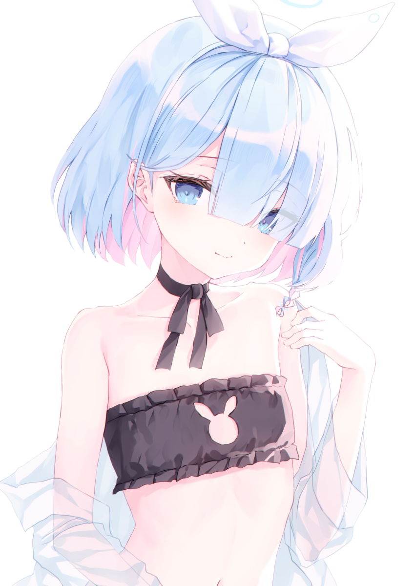 1girl, arona_(blue_archive), black_bra, black_choker, blue_archive, blue_eyes, blue_hair, bra