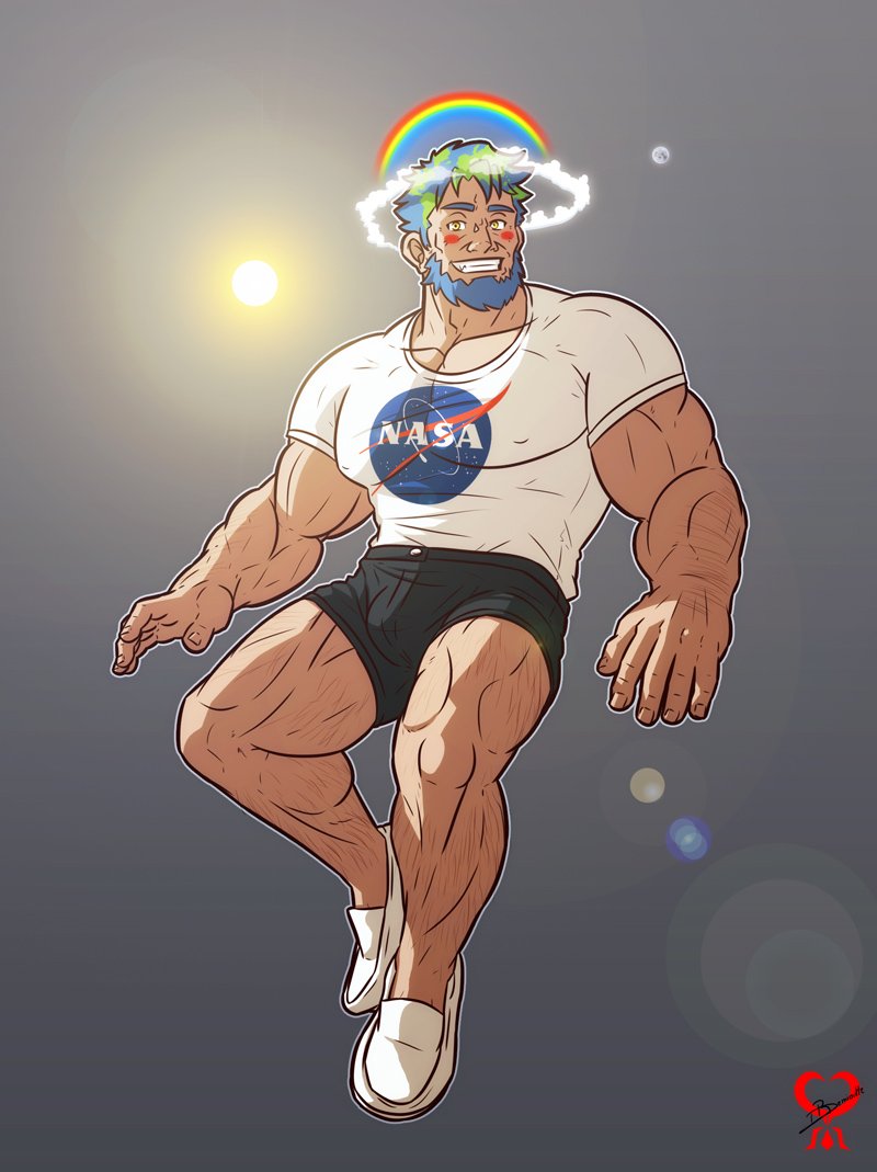 1boy, :d, aqua_hair, bara, beard, black_shorts, body_hair, borrowed_character, covered_erect_nipples, earth-chan, earth-ojisan, facial_hair, floating, full_body, genderswap, genderswap_(ftm), goatee, gradient_hair, green_hair, grin, hairy, halo, large_pectorals, leg_hair, leomon32, logo, looking_at_viewer, male_focus, mature_male, moon, multicolored_hair, muscular, muscular_legs, muscular_male, nasa_logo, old, old_man, open_mouth, original, parody, pectorals, rainbow, shirt, short_hair, shorts, sideburns, smile, solo, sun, thighs, white_shirt