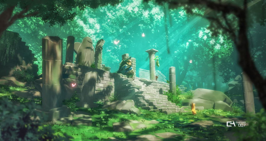 absurdres, apple, blue_tunic, boots, brown_pants, castlings, eating, fairy, food, forest, fruit, highres, holding, holding_food, holding_fruit, korok, leather, leather_boots, light_brown_hair, light_rays, link, nature, nintendo, pants, ruins, scenery, sitting, stairs, the_legend_of_zelda, the_legend_of_zelda:_breath_of_the_wild, tree, tunic, wide_shot, wolf_link