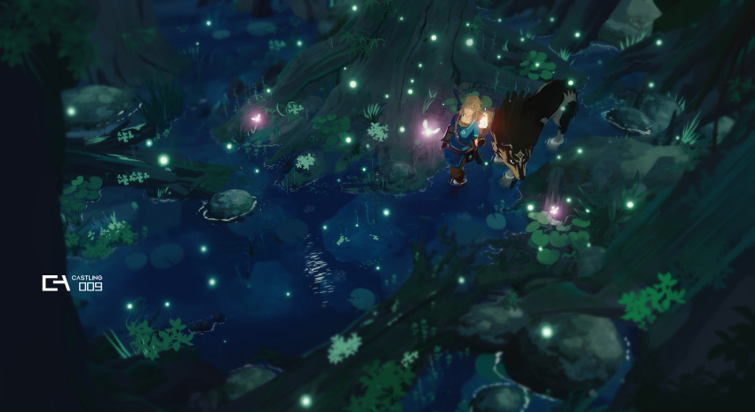 1boy, absurdres, blue_tunic, castlings, fairy, fireflies, forest, highres, holding, holding_torch, light_brown_hair, lily_pad, link, nature, nintendo, scenery, sword, sword_on_back, the_legend_of_zelda, the_legend_of_zelda:_breath_of_the_wild, torch, tree, tunic, wading, weapon, weapon_on_back, wetland, wide_shot, wolf_link