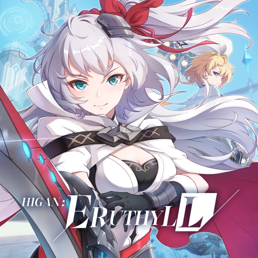 2girls, blonde_hair, blue_eyes, breasts, cape, cleavage, eupheria, gloves, green_eyes, hair_ribbon, higan:_eruthyll, highres, holding, holding_weapon, long_hair, medium_breasts, multiple_girls, ponytail, ribbon, rooco, short_hair, weapon, white_hair