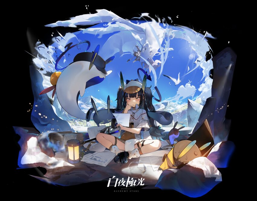 +_+, 1boy, 1girl, absurdres, alchemy_stars, bag, bird, black_background