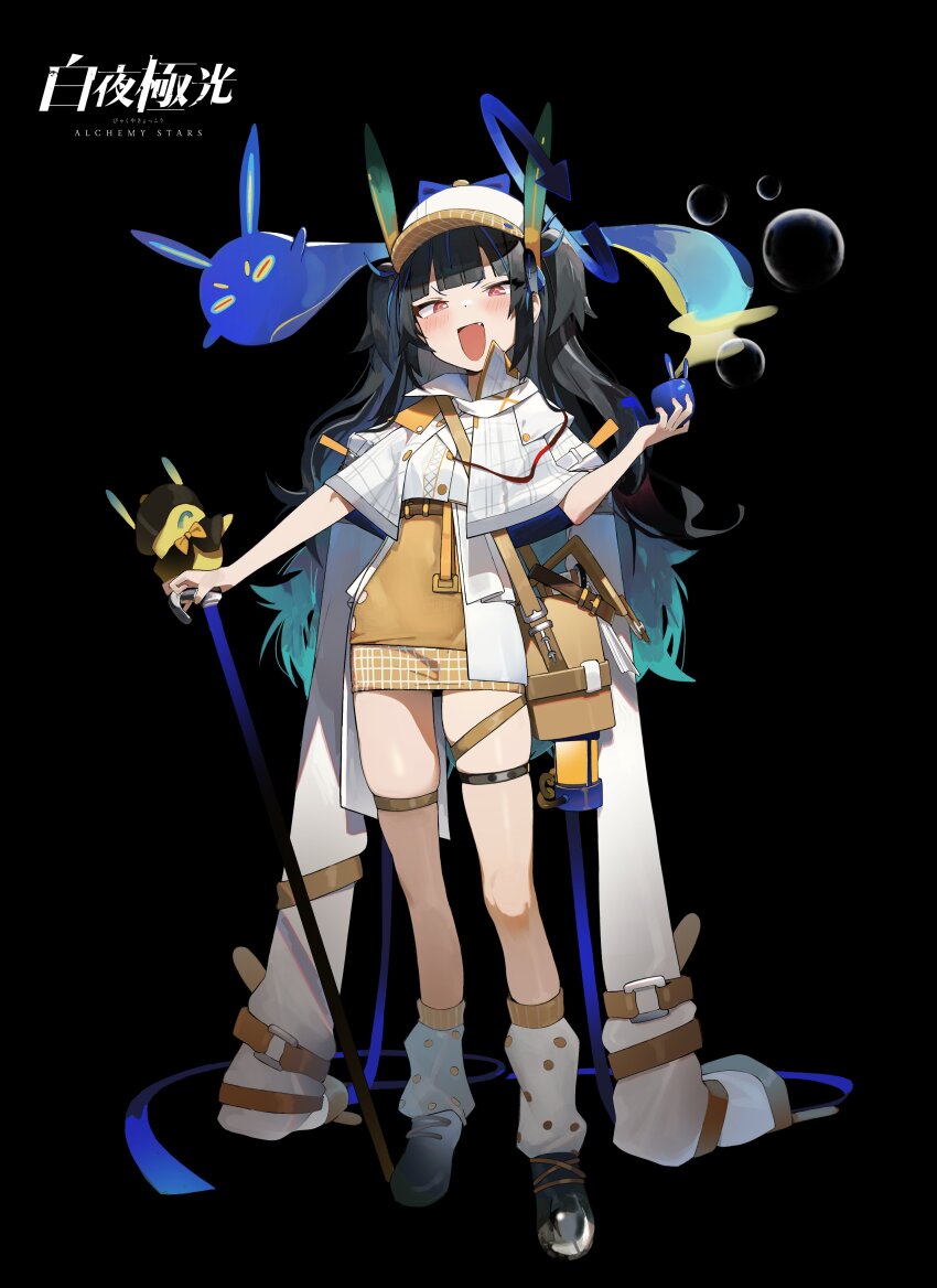 1girl, absurdres, alchemy_stars, bag, black_background, black_hair, black_shoes, blunt_bangs