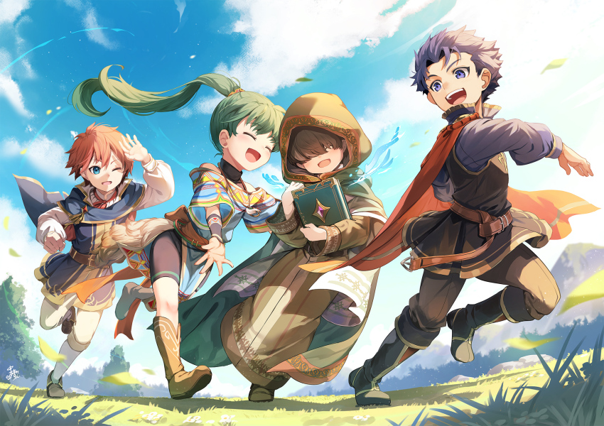 1girl, 1other, 2boys, black_footwear, blue_cape, blue_eyes, blue_hair, book, brown_footwear, brown_hair, cape, cloak, cloud, eliwood_(fire_emblem), eliwood_(pledged_friend)_(fire_emblem), fire_emblem, fire_emblem:_the_blazing_blade, fire_emblem_heroes, grass, green_hair, green_hood, hair_over_eyes, hector_(fire_emblem), hector_(sworn_friend)_(fire_emblem), highres, holding, holding_book, hood, hooded_cloak, leaf, leather_belt, long_hair, looking_at_viewer, lyn_(fire_emblem), lyn_(winds_of_hope)_(fire_emblem), mark_(fire_emblem:_the_blazing_blade), mark_(winds_of_hope)_(fire_emblem:_the_blazing_blade), multiple_boys, nakabayashi_zun, nintendo, no_eyes, one_eye_closed, open_mouth, pelvic_curtain, ponytail, red_cape, red_hair, running, shorts, sky, smile, teeth, undershirt, upper_teeth_only, wind