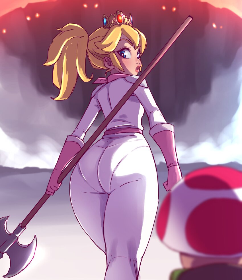 1girl, absurdres, ass, axe, battle_axe, biker_peach, blonde_hair, blue_eyes, blurry, blurry_background, bodysuit, crown, from_behind, gloves, halberd, highres, holding, holding_polearm, holding_weapon, looking_at_viewer, looking_back, looking_down, mario_(series), nintendo, orpice_kun, pink_gloves, pink_scarf, polearm, ponytail, princess_peach, scarf, the_super_mario_bros._movie, toad_(mario), weapon, white_bodysuit