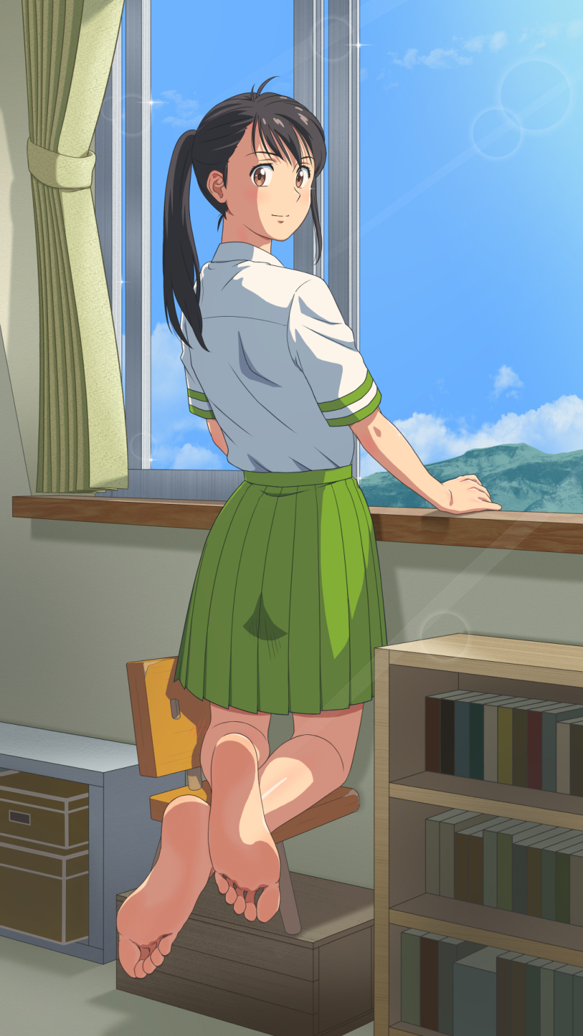 1girl, barefoot, black_hair, bookshelf, brown_eyes, chair, curtains, feet, highres, iwato_suzume, long_hair, looking_at_viewer, munakata_souta, ponytail, raimaiedai, school_uniform, soles, suzume_no_tojimari, toes, window